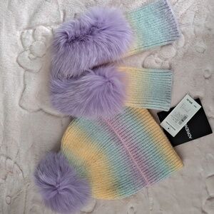 Adrienne Landau Pastel Rainbow Knit Hat & Gloves With Real Fox Fur